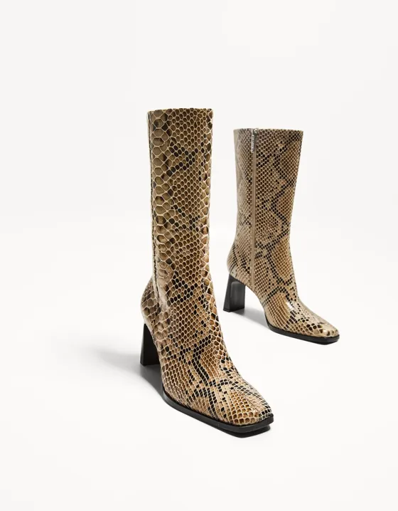 Mid-calf animal print high-heel boots