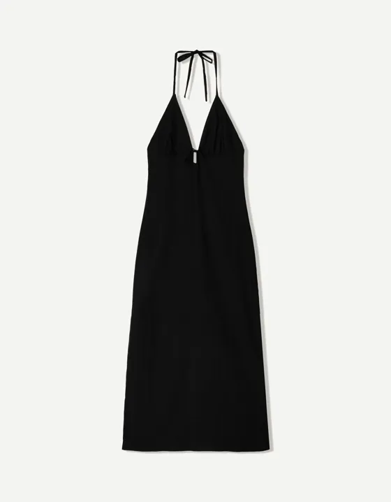 Платье миди из смесового льна с горловиной халтер и завязками