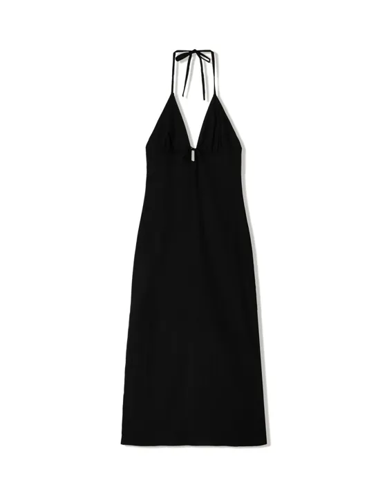 Платье миди из смесового льна с горловиной халтер и завязками