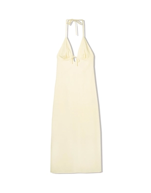 Платье миди из смесового льна с горловиной халтер и завязками- Заказать в России